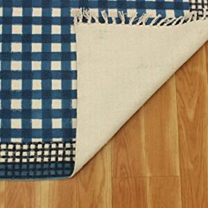 Casavani Hand Block Printed Area Rug Hand Made Geometric Blue Tassel Rug Cotton Easy Washable Rugs Best Uses For Doormat Entryway Kids Room Bedroom Hallway 4x8 6x8 7x7 Feet Square