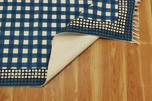 Casavani Hand Block Printed Area Rug Hand Made Geometric Blue Tassel Rug Cotton Easy Washable Rugs Best Uses For Doormat Entryway Kids Room Bedroom Hallway 4x8 6x8 7x7 Feet Square