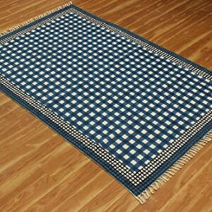 Casavani Hand Block Printed Area Rug Hand Made Geometric Blue Tassel Rug Cotton Easy Washable Rugs Best Uses For Doormat Entryway Kids Room Bedroom Hallway 4x8 6x8 7x7 Feet Square