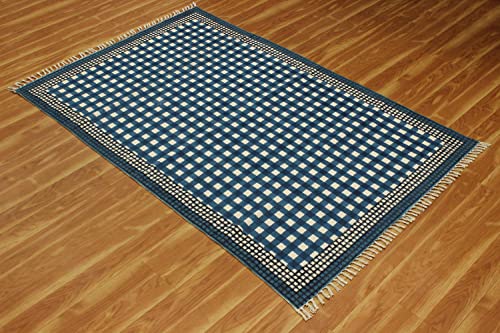 Casavani Hand Block Printed Area Rug Hand Made Geometric Blue Tassel Rug Cotton Easy Washable Rugs Best Uses For Doormat Entryway Kids Room Bedroom Hallway 4x8 6x8 7x7 Feet Square