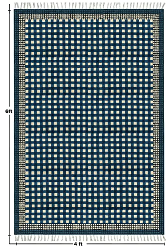 Casavani Hand Block Printed Area Rug Hand Made Geometric Blue Tassel Rug Cotton Easy Washable Rugs Best Uses For Doormat Entryway Kids Room Bedroom Hallway 4x8 6x8 7x7 Feet Square