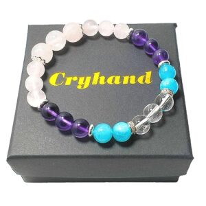 cryhand beauty enhance health blessing beaded chakra bracelets for women amethyst rose quartz aquamarine charm natural stone crystal healing handmade jewerly gifts for girl (aqu)