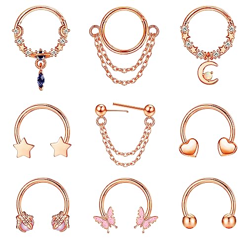 CASSIECA 9Pcs 16G Septum Rings for Women Surgical Steel Septum Jewelry Hinged Nose Rings Hoop CZ Butterfly Horseshoe Cartilage Earrings Hoop Helix Tragus Daith Piercing Jewerly