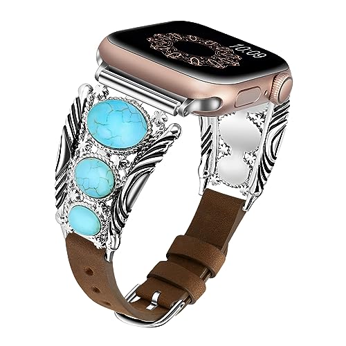 GELVTIC Compatible with Apple Watch Bands for Women Men Silver Chain Strap Tassel Gold Metal Boho Turquoise Western Leather Smartwatch Bands Adjustment Replacement Compatible with iwatch Bracelet Wristband Gift for Her 38/40/41/42/44/45/49mm (9WA-38/40/41