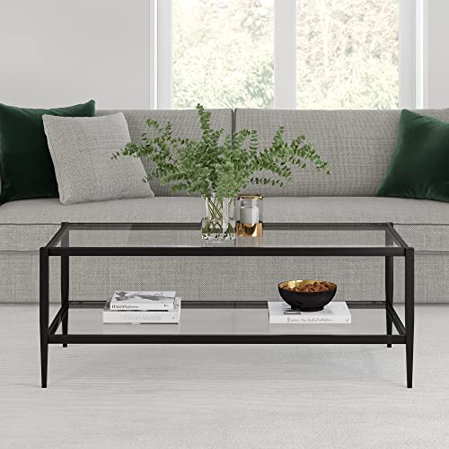 Henn&Hart 45" Wide Rectangular Coffee Table with Glass Shelf in Blackened Bronze, Modern Coffee Tables for Living Room, Studio Apartment Essentials & 20" Wide Square Side Table in Blackened Bronze