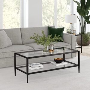 Henn&Hart 45" Wide Rectangular Coffee Table with Glass Shelf in Blackened Bronze, Modern Coffee Tables for Living Room, Studio Apartment Essentials & 20" Wide Square Side Table in Blackened Bronze