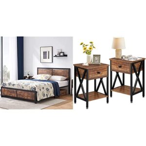 vecelo queen platform bed frame with rustic vintage wood headboard, mattress foundation, no box spring needed & nightstands set of 2, modern bedside end tables, night stands