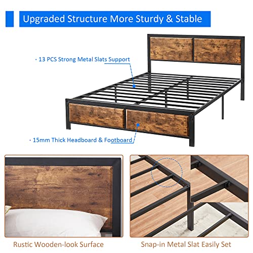 VECELO Queen Platform Bed Frame with Rustic Vintage Wood Headboard, Mattress Foundation, No Box Spring Needed & Nightstands Set of 2, Modern Bedside End Tables, Night Stands