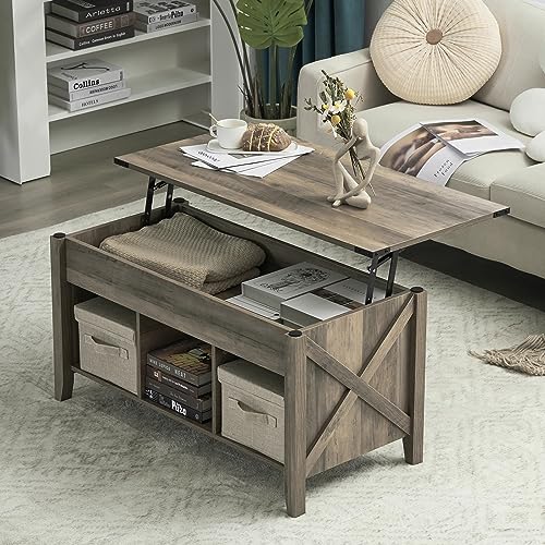 VINGLI Farmhouse Lift Top Coffee Table, Rustic Grey Coffee Table with Lift Top, Lift Up Pop Up Coffee Table with Storage Shelf/Hidden Compartment, Gas Lift Coffee Table Mesa De Centro para Sala