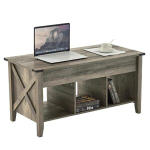 VINGLI Farmhouse Lift Top Coffee Table, Rustic Grey Coffee Table with Lift Top, Lift Up Pop Up Coffee Table with Storage Shelf/Hidden Compartment, Gas Lift Coffee Table Mesa De Centro para Sala