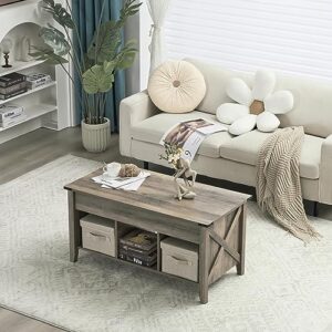 VINGLI Farmhouse Lift Top Coffee Table, Rustic Grey Coffee Table with Lift Top, Lift Up Pop Up Coffee Table with Storage Shelf/Hidden Compartment, Gas Lift Coffee Table Mesa De Centro para Sala