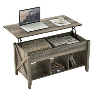 VINGLI Farmhouse Lift Top Coffee Table, Rustic Grey Coffee Table with Lift Top, Lift Up Pop Up Coffee Table with Storage Shelf/Hidden Compartment, Gas Lift Coffee Table Mesa De Centro para Sala