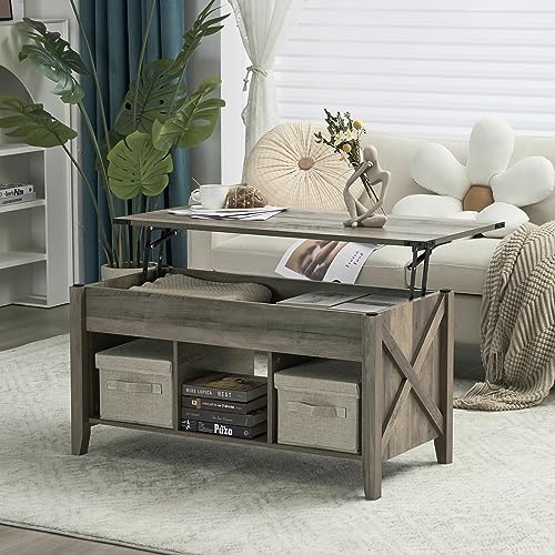 VINGLI Farmhouse Lift Top Coffee Table, Rustic Grey Coffee Table with Lift Top, Lift Up Pop Up Coffee Table with Storage Shelf/Hidden Compartment, Gas Lift Coffee Table Mesa De Centro para Sala