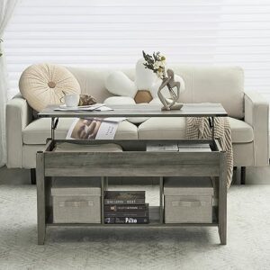 VINGLI Farmhouse Lift Top Coffee Table, Rustic Grey Coffee Table with Lift Top, Lift Up Pop Up Coffee Table with Storage Shelf/Hidden Compartment, Gas Lift Coffee Table Mesa De Centro para Sala