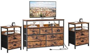 dresser tv stand with power outlets, console sofa table with 7 fabric drawers and shelves, nightstand set 2 with 2 fabric drawers, end table with open wood shelf, side table for bedroom, living room