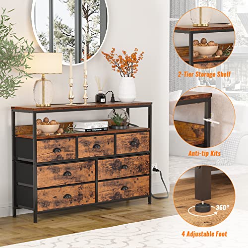 Dresser TV Stand with Power Outlets, Console Sofa Table with 7 Fabric Drawers and Shelves, Nightstand Set 2 with 2 Fabric Drawers, End Table with Open Wood Shelf, Side Table for Bedroom, Living Room