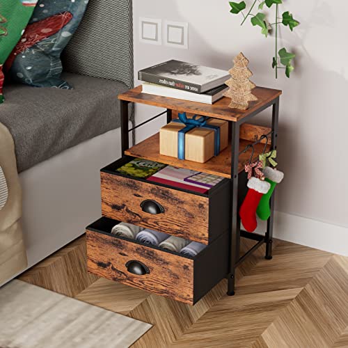 Dresser TV Stand with Power Outlets, Console Sofa Table with 7 Fabric Drawers and Shelves, Nightstand Set 2 with 2 Fabric Drawers, End Table with Open Wood Shelf, Side Table for Bedroom, Living Room