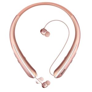 neckband bluetooth headphones, wireless bluetooth headphones with retractable earbuds, noise cancelling 3d sound surround personal sport headset call vibrate alert earphones with mic (rose gold)