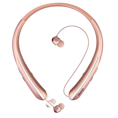 Neckband Bluetooth Headphones, Wireless Bluetooth Headphones with Retractable Earbuds, Noise Cancelling 3D Sound Surround Personal Sport Headset Call Vibrate Alert Earphones with Mic (Rose Gold)