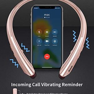 Neckband Bluetooth Headphones, Wireless Bluetooth Headphones with Retractable Earbuds, Noise Cancelling 3D Sound Surround Personal Sport Headset Call Vibrate Alert Earphones with Mic (Rose Gold)