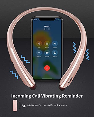 Neckband Bluetooth Headphones, Wireless Bluetooth Headphones with Retractable Earbuds, Noise Cancelling 3D Sound Surround Personal Sport Headset Call Vibrate Alert Earphones with Mic (Rose Gold)