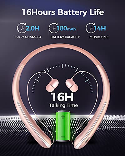 Neckband Bluetooth Headphones, Wireless Bluetooth Headphones with Retractable Earbuds, Noise Cancelling 3D Sound Surround Personal Sport Headset Call Vibrate Alert Earphones with Mic (Rose Gold)