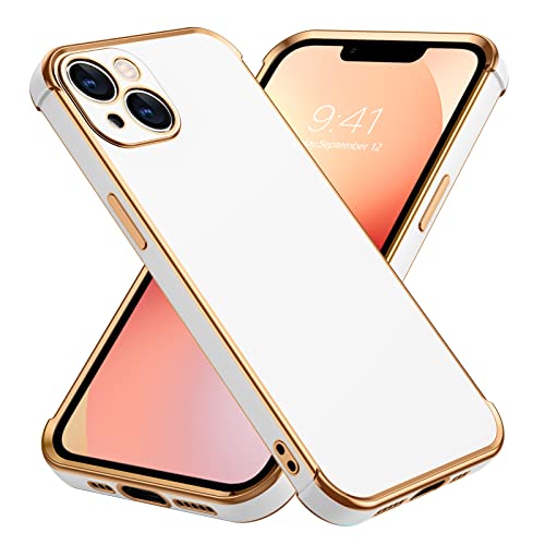 BENTOBEN iPhone 13 Case, Phone Case iPhone 13 6.1, Slim Thin Luxury Gold Design Shockproof Protective Soft TPU Bumper Drop Protection Cute Case for Girls Women Boys Men iPhone 13 Cover, White/Gold