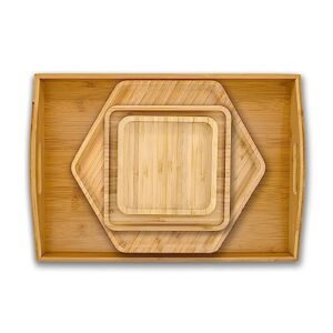 4 packs bamboo serving tray with handles, portable bed tray for breakfast dinner, eating trays for living room,restaurants