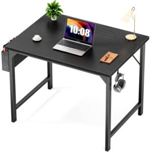 small computer desk small office desk 31 inch writing desk home office desks small space desk study table modern simple style work table with storage bag and iron hook, wooden desk for home, bedroom