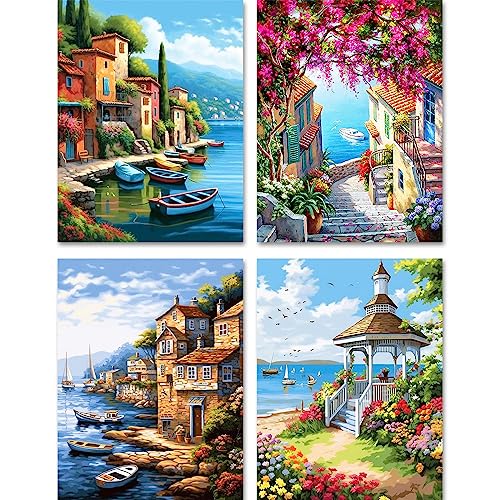 Hlison Paint by Number for Adults Canvas, 4 Pack Landscape DIY Adult Paint by Number Kits, Acrylic Lakeside Oil Painting by Number for Great Gift Wall Decor - 16x20 Inch