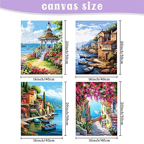 Hlison Paint by Number for Adults Canvas, 4 Pack Landscape DIY Adult Paint by Number Kits, Acrylic Lakeside Oil Painting by Number for Great Gift Wall Decor - 16x20 Inch