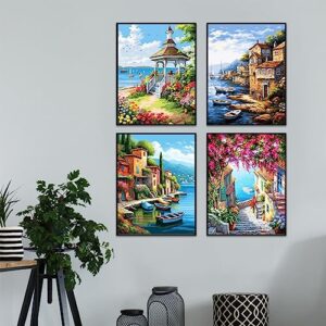 Hlison Paint by Number for Adults Canvas, 4 Pack Landscape DIY Adult Paint by Number Kits, Acrylic Lakeside Oil Painting by Number for Great Gift Wall Decor - 16x20 Inch