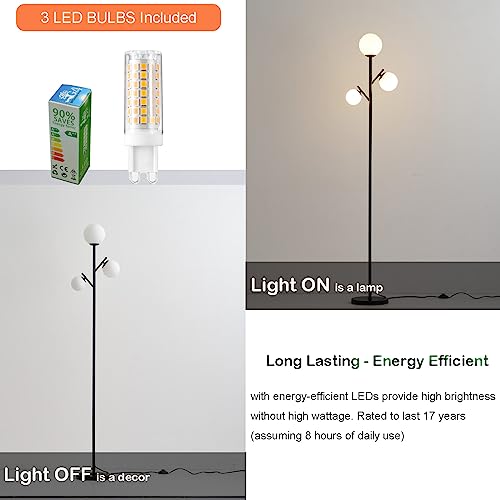 Fiqevs 3 Globe Modern Black Floor Lamp, Mid Century Contemporary Standing Lamp with Sphere Frosted Glass Shade and 3pcs 3000K LED Bulbs, LED Tall Floor Lamp for Living Room, Office, Hotel