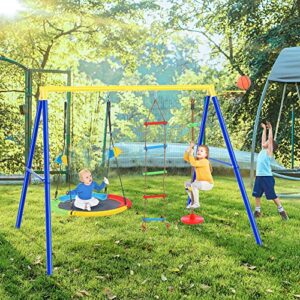 saucer swing set for backyard 4 in 1, ymersen swing set outdoor for kids with steel frames, climbing rope with disc tree swing play set, and basketball hoop blue