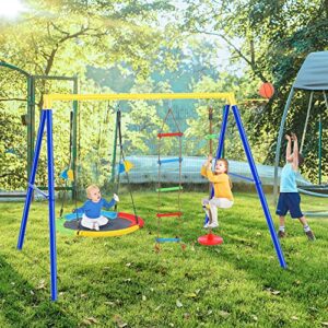 Saucer Swing Set for Backyard 4 in 1, YMERSEN Swing Set Outdoor for Kids with Steel Frames, Climbing Rope with Disc Tree Swing Play Set, and Basketball Hoop Blue