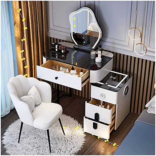 ZTGL Makeup Vanity with Lights and Charging Station, Vanity Mirror with LED Light and Table Set, Large Vanity Desk with 5 Drawers and Chair, Modern Vanity Table with Nightstand,White Mirror b,L: 60cm