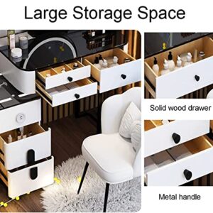 ZTGL Makeup Vanity with Lights and Charging Station, Vanity Mirror with LED Light and Table Set, Large Vanity Desk with 5 Drawers and Chair, Modern Vanity Table with Nightstand,White Mirror b,L: 60cm