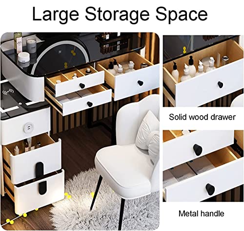 ZTGL Makeup Vanity with Lights and Charging Station, Vanity Mirror with LED Light and Table Set, Large Vanity Desk with 5 Drawers and Chair, Modern Vanity Table with Nightstand,White Mirror b,L: 60cm