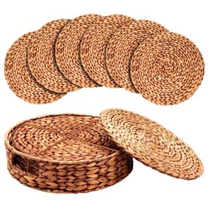 woven placemats set of 6 - natural water hyacinth placemats with wicker placemats holder - heat resistant round placemats for dining table & non-slip rattan placemats for indoor & outdoor, 12.5"