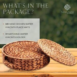 Woven Placemats Set of 6 - Natural Water Hyacinth Placemats with Wicker Placemats Holder - Heat Resistant Round Placemats for Dining Table & Non-Slip Rattan Placemats for Indoor & Outdoor, 12.5"