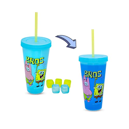 SpongeBob SquarePants "Bros" Color-Changing Plastic Travel Tumbler | Includes Reusable Straw, Leak-Resistant Lid, Fake Ice Cubes | Holds 24 Ounces