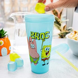 SpongeBob SquarePants "Bros" Color-Changing Plastic Travel Tumbler | Includes Reusable Straw, Leak-Resistant Lid, Fake Ice Cubes | Holds 24 Ounces