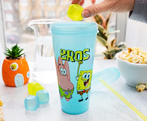 SpongeBob SquarePants "Bros" Color-Changing Plastic Travel Tumbler | Includes Reusable Straw, Leak-Resistant Lid, Fake Ice Cubes | Holds 24 Ounces