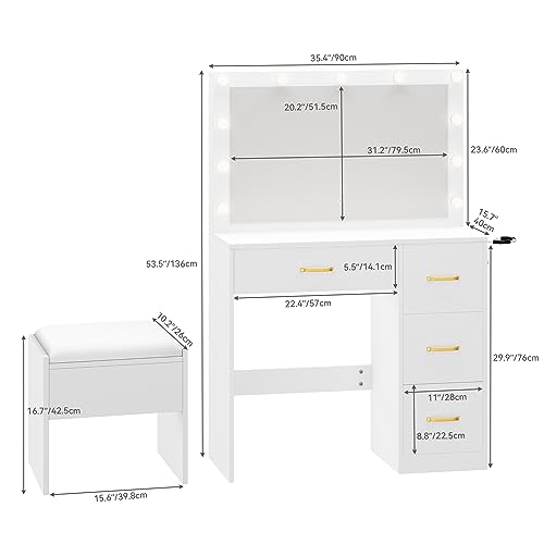 DWVO Makeup Vanity with Large Lighted Mirror, Vanity with Power Outlet, 3 Color Lighting Modes, Adjustable Brightness, 4 Drawers Vanity with Cushioned Stool for Women Girls, Pearl-White