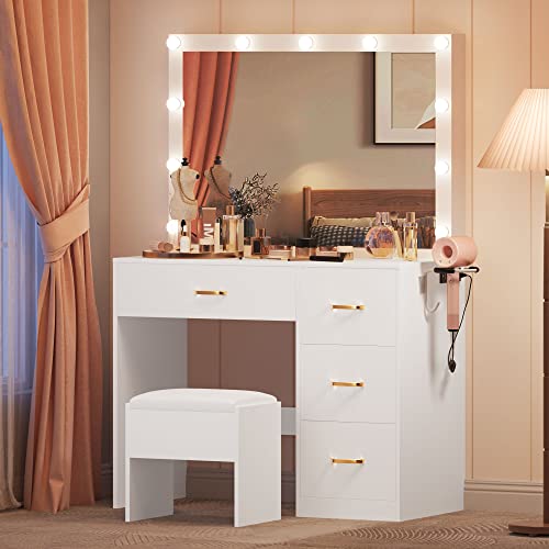 DWVO Makeup Vanity with Large Lighted Mirror, Vanity with Power Outlet, 3 Color Lighting Modes, Adjustable Brightness, 4 Drawers Vanity with Cushioned Stool for Women Girls, Pearl-White