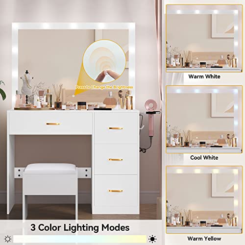 DWVO Makeup Vanity with Large Lighted Mirror, Vanity with Power Outlet, 3 Color Lighting Modes, Adjustable Brightness, 4 Drawers Vanity with Cushioned Stool for Women Girls, Pearl-White