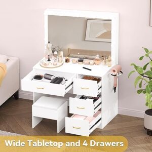 DWVO Makeup Vanity with Large Lighted Mirror, Vanity with Power Outlet, 3 Color Lighting Modes, Adjustable Brightness, 4 Drawers Vanity with Cushioned Stool for Women Girls, Pearl-White