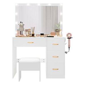 DWVO Makeup Vanity with Large Lighted Mirror, Vanity with Power Outlet, 3 Color Lighting Modes, Adjustable Brightness, 4 Drawers Vanity with Cushioned Stool for Women Girls, Pearl-White