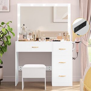 DWVO Makeup Vanity with Large Lighted Mirror, Vanity with Power Outlet, 3 Color Lighting Modes, Adjustable Brightness, 4 Drawers Vanity with Cushioned Stool for Women Girls, Pearl-White