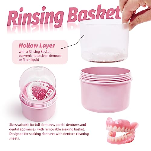 Denture Bath Case Cup Box Holder Storage Soak Container with Strainer Basket for Home or Travel Denture Cleaning (pink)